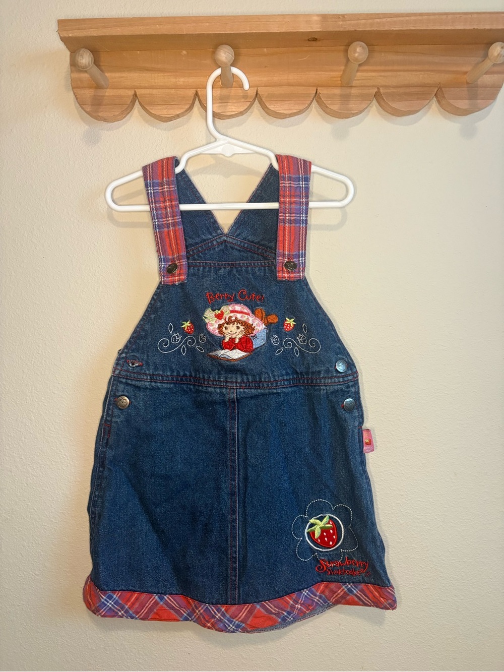 Strawberry Character Denim Pinafore Dress - Blue with Red Plaid